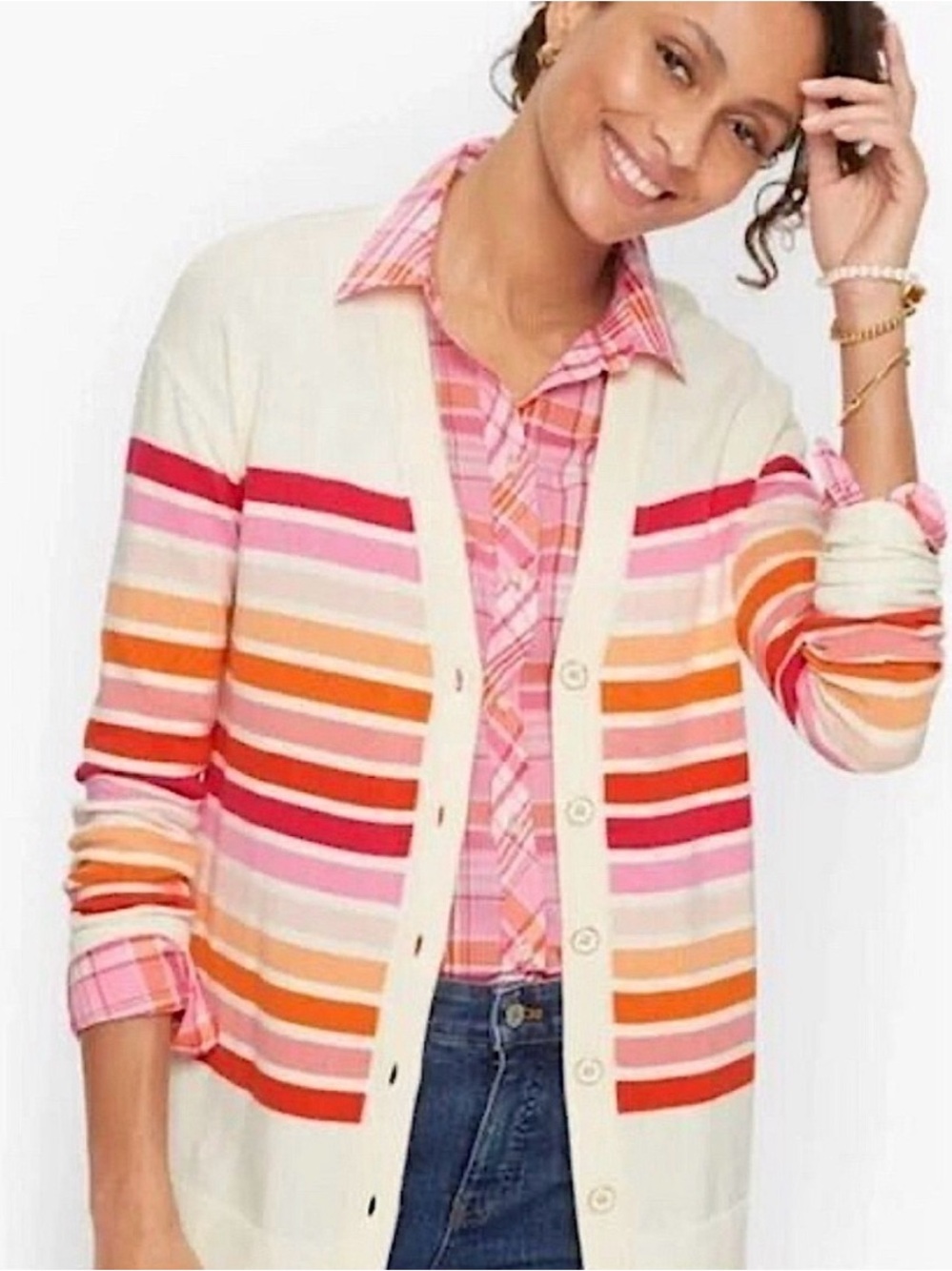Talbots Cream Cardigan with Pink, Orange and Red Stripes